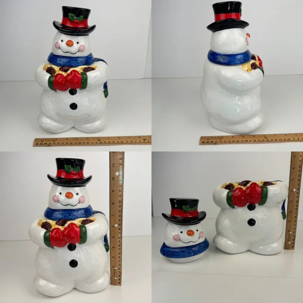 Vtg 90s Snowman Holding‎ Cookies Cookie Jar w Lid Storage Orig Box Crazing READ
